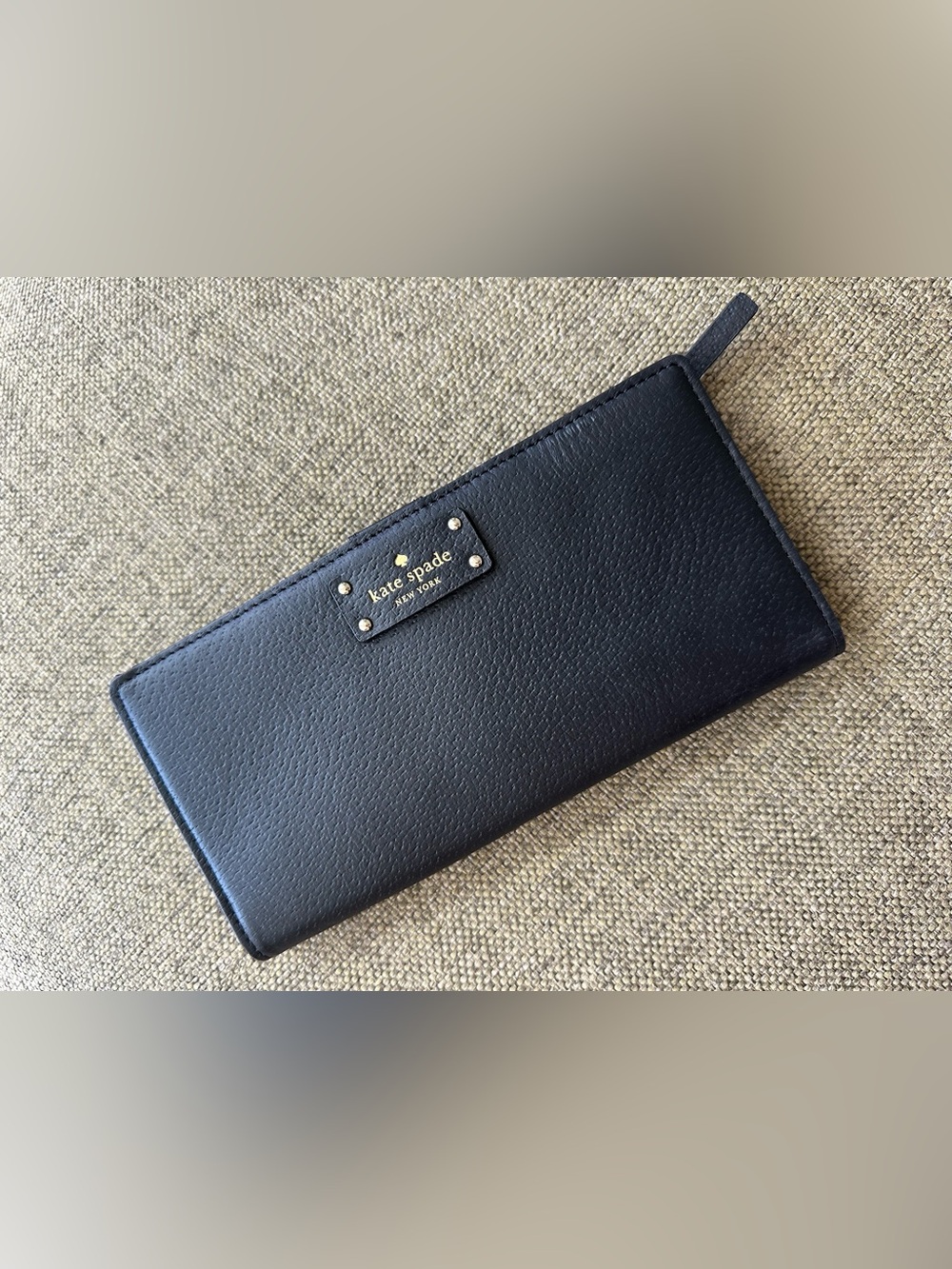 kate spade Large Stacy Black Pebbled Leather Wallet with Gold Logo